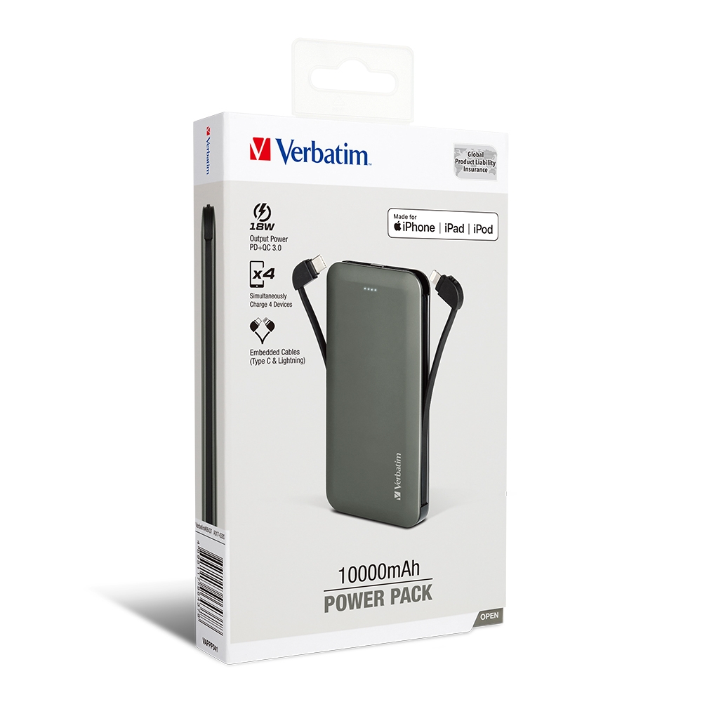 Verbatim 10000mAh PD & QC 3.0 Power Pack with embedded cables