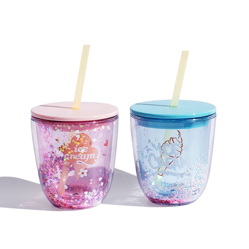Double Wall Plastic Cup with Lid and Straw